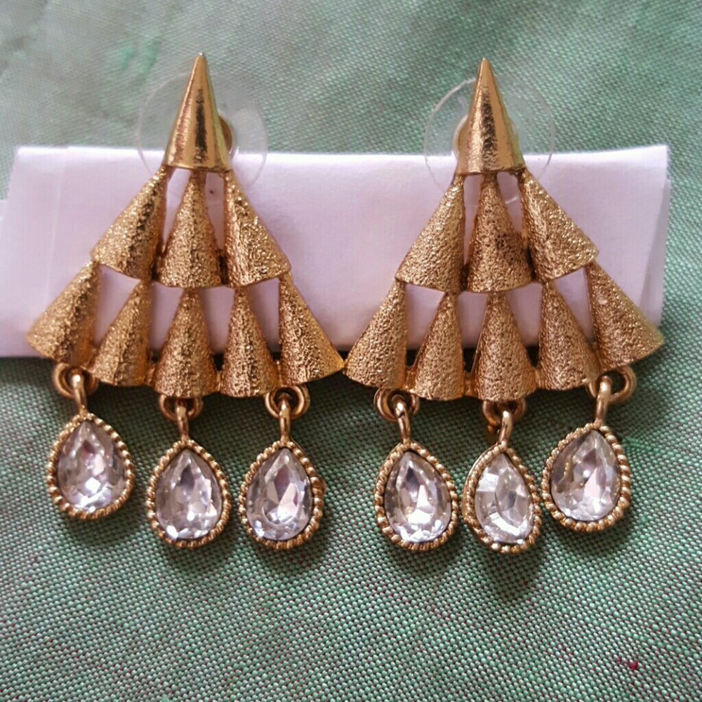 Gold Geometric Dangle Earrings with Clear Teardrop Crystals